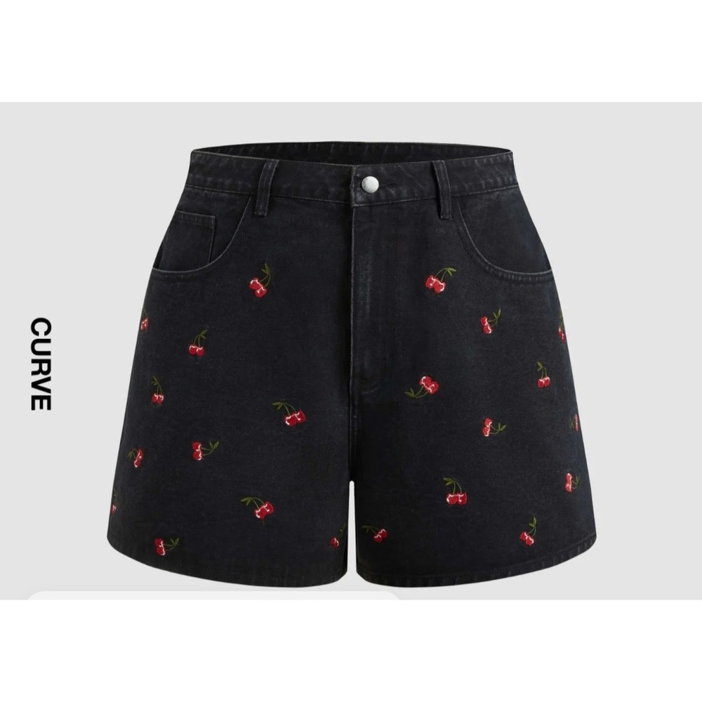 Cider Curve Black Denim Cherry Embroidered High Waisted Shorts Size 0XL NWT